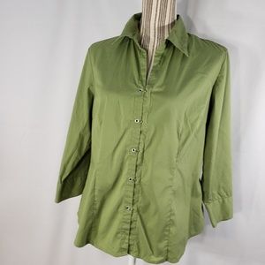 dressbarn Green V Neck Clasp Closure 3/4 Sleeve Blouse Size Large